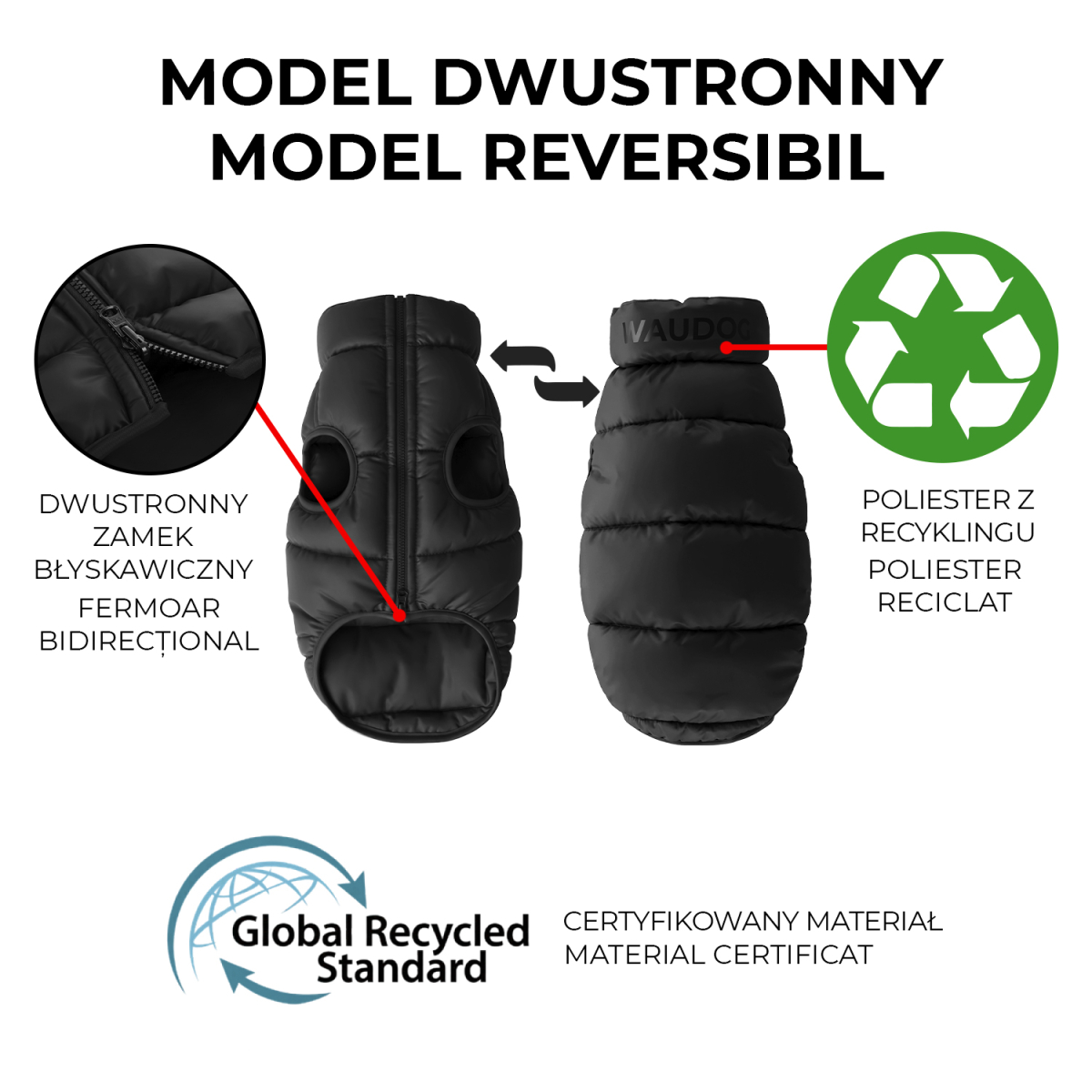 Kurtka dla psa WAUDOG Re-clothes dwustronna, wykonana z poliestru z recyklingu, czarna Kurtka dla psa WAUDOG Re-clothes dwustronna, wykonana z poliestru z recyklingu, czarna