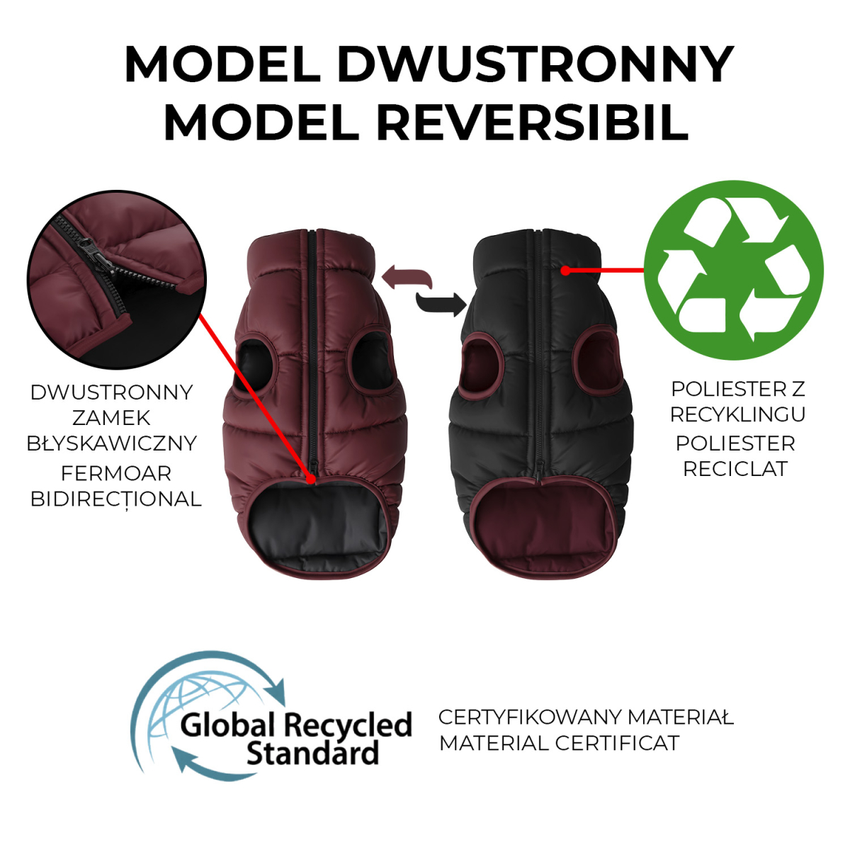 Kurtka dla psa WAUDOG Re-clothes dwustronna, wykonana z poliestru z recyklingu, burgundia Kurtka dla psa WAUDOG Re-clothes dwustronna, wykonana z poliestru z recyklingu, burgundia