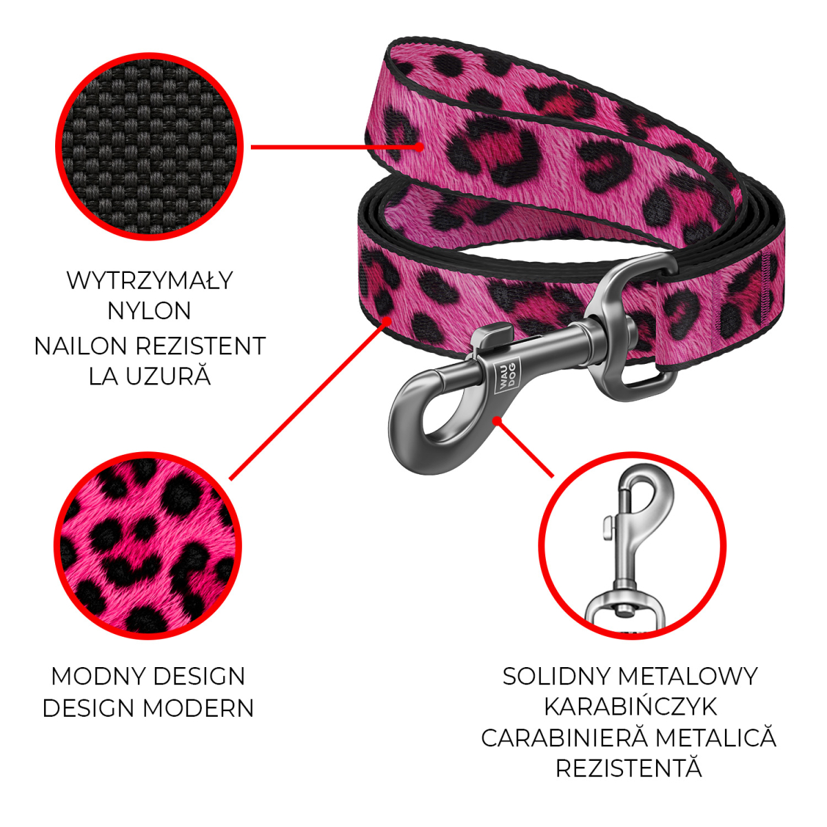 Smycz dla psa nylonowa WAUDOG Nylon, wzór "Lampart różowy" Smycz dla psa nylonowa WAUDOG Nylon, wzór "Lampart różowy"