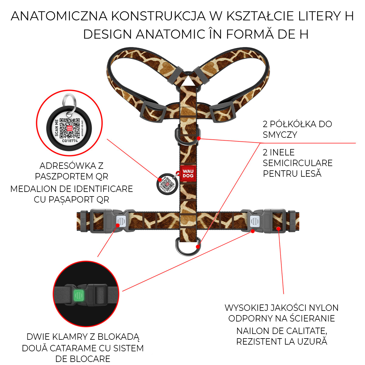 Szelki dla psa anatomiczne WAUDOG Nylon z adresówką QR, wzór "Żyrafa" Szelki dla psa anatomiczne WAUDOG Nylon z adresówką QR, wzór "Żyrafa"