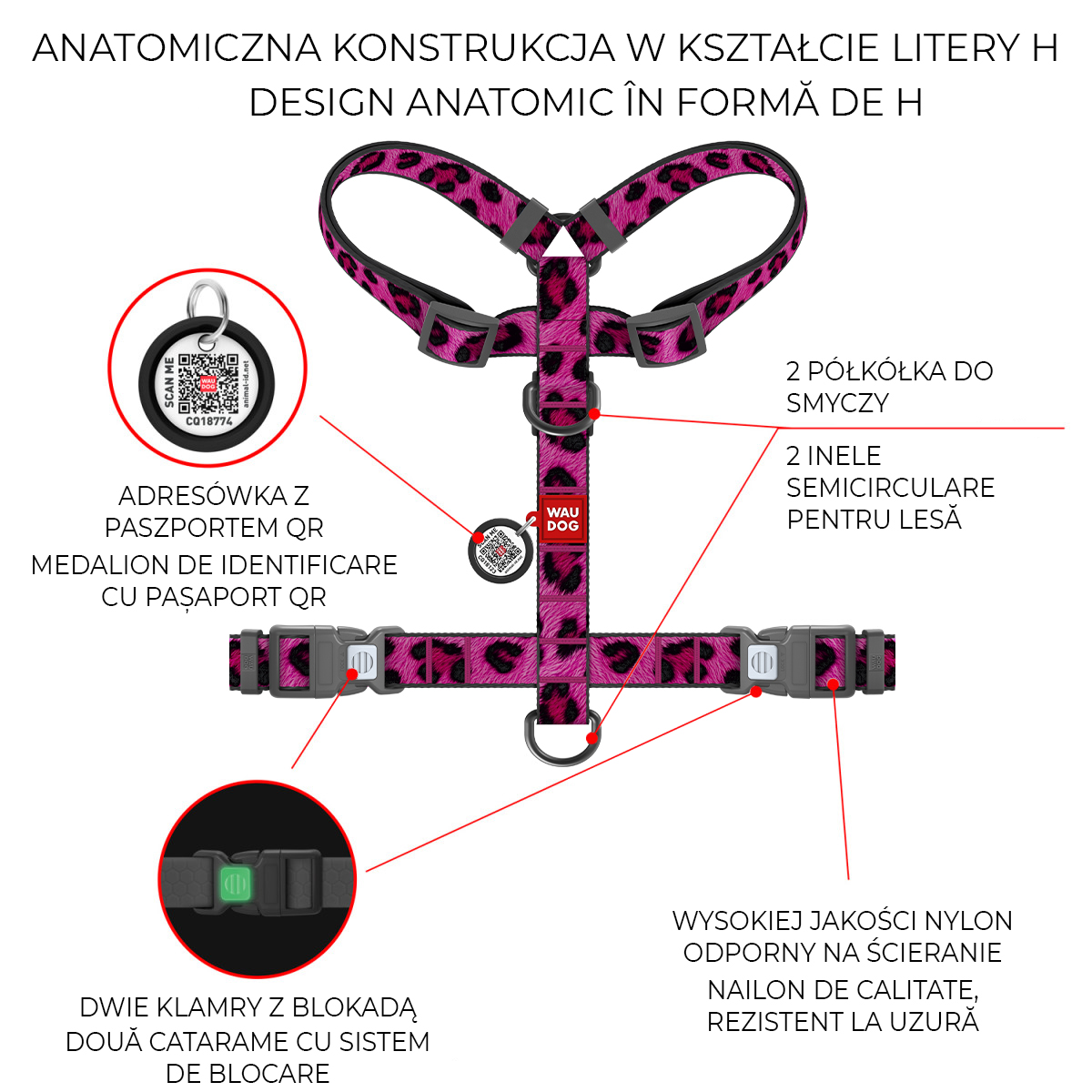Szelki dla psa anatomiczne WAUDOG Nylon z adresówką QR, wzór "Lampart różowy" Szelki dla psa anatomiczne WAUDOG Nylon z adresówką QR, wzór "Lampart różowy"