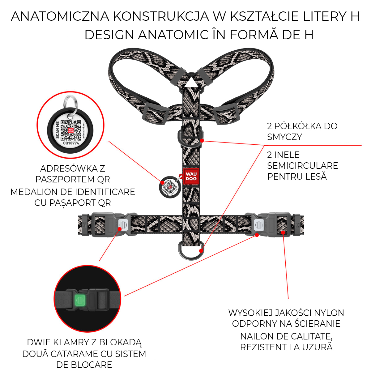 Szelki dla psa anatomiczne WAUDOG Nylon z adresówką QR, wzór "Wąż" Szelki dla psa anatomiczne WAUDOG Nylon z adresówką QR, wzór "Wąż"