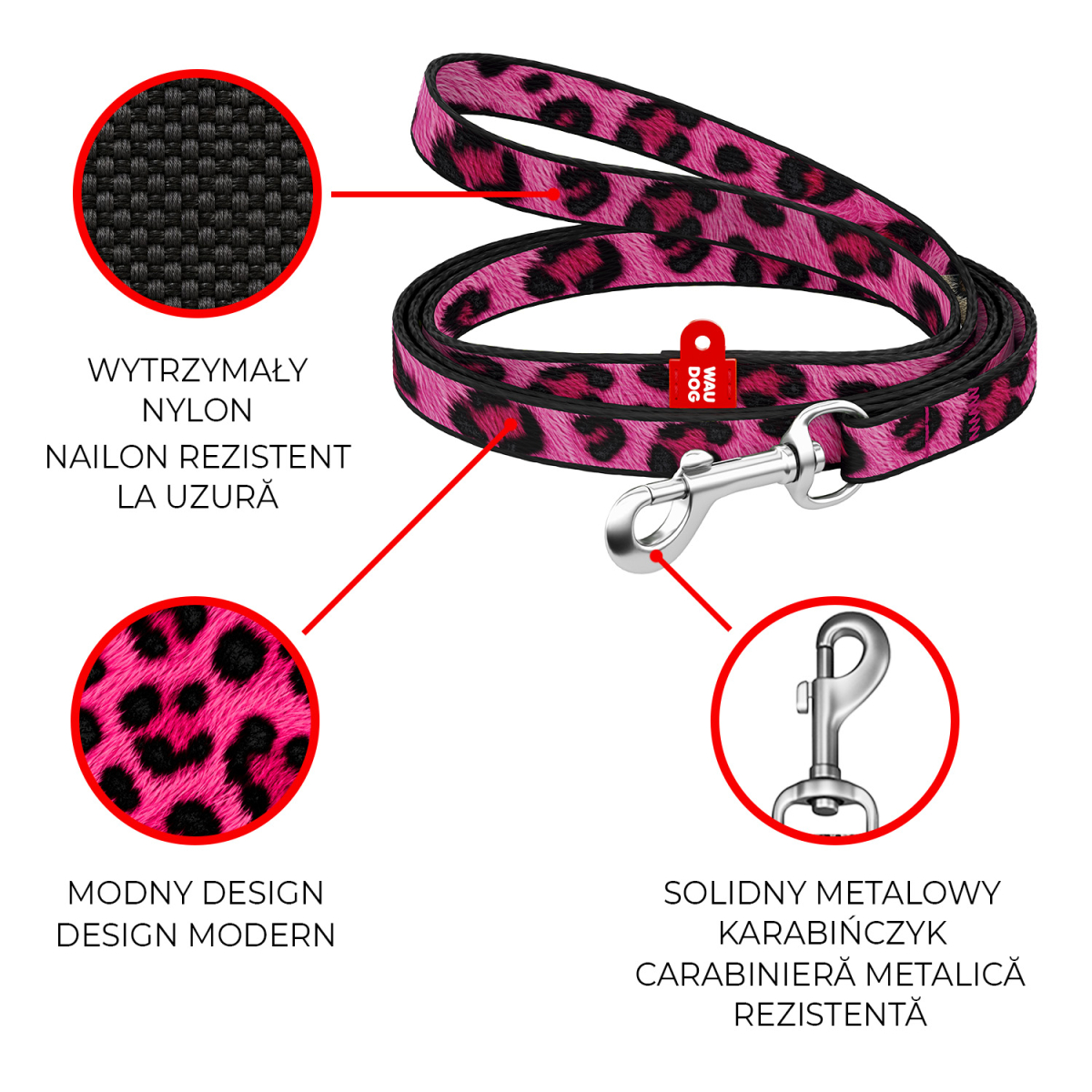 Smycz dla kotów i małych ras psów nylonowa WAUDOG Nylon, wzór "Lampart różowy", XS Smycz dla kotów i małych ras psów nylonowa WAUDOG Nylon, wzór "Lampart różowy", XS