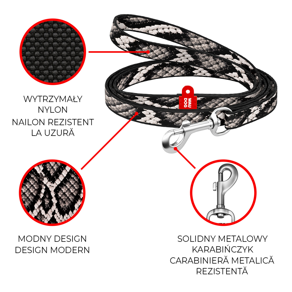 Smycz dla kotów i małych ras psów nylonowa WAUDOG Nylon, wzór "Wąż", XS Smycz dla kotów i małych ras psów nylonowa WAUDOG Nylon, wzór "Wąż", XS