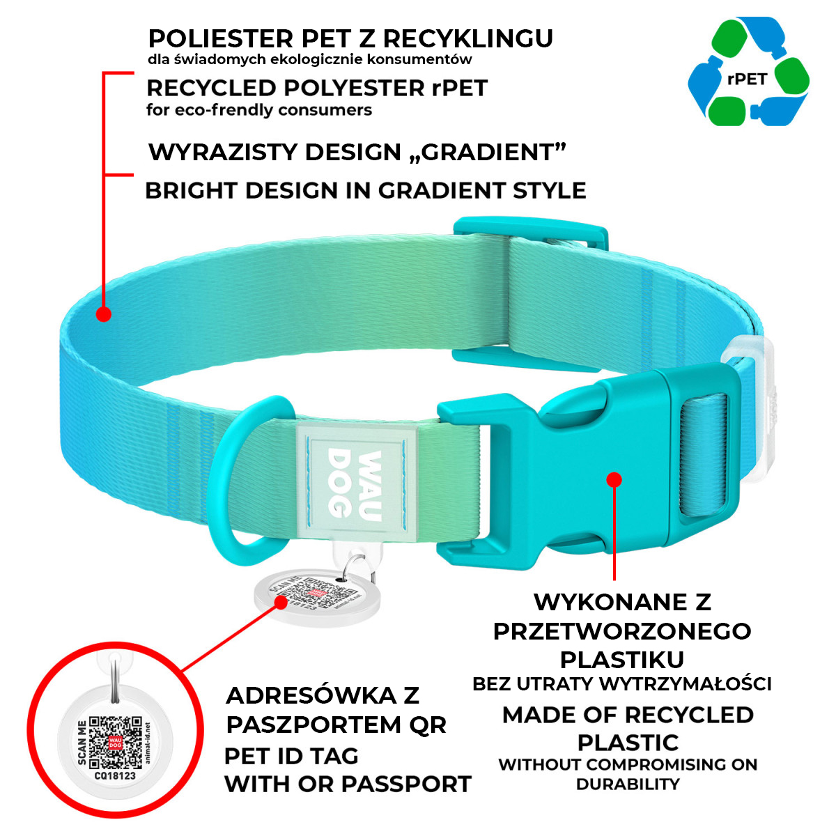 Obroża dla psa nylonowa WAUDOG Recycled Nylon z QR adresowka, rozmiar XS, 20-30 cm, 10 mm, gradient, plastikowy fastex, niebieski Obroża dla psa nylonowa WAUDOG Recycled Nylon z QR adresowka, rozmiar XS, 20-30 cm, 10 mm, gradient, plastikowy fastex, niebieski