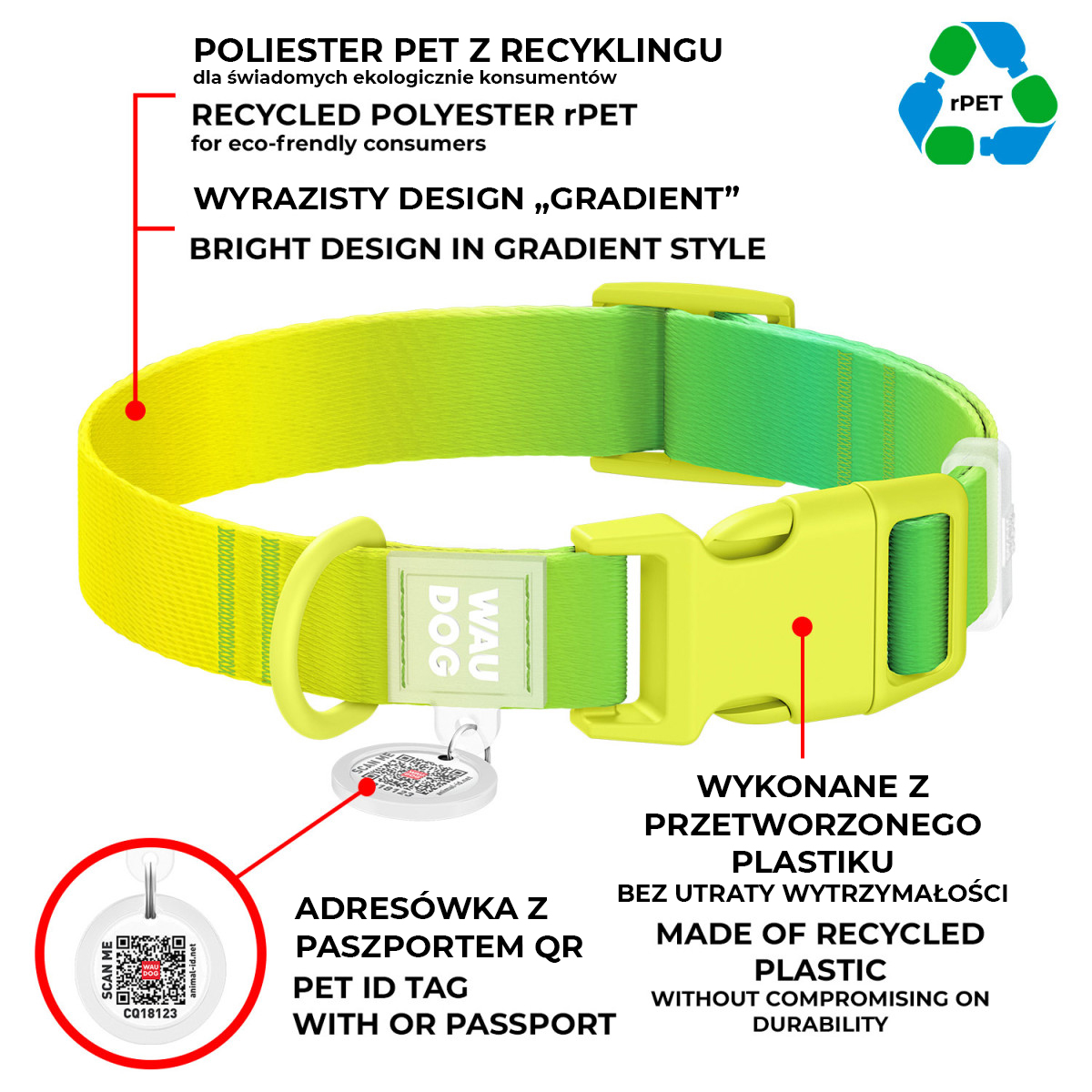Obroża dla psa nylonowa WAUDOG Recycled Nylon z QR adresowka, rozmiar XS, 20-30 cm, 10 mm, gradient, plastikowy fastex, jasnozielony Obroża dla psa nylonowa WAUDOG Recycled Nylon z QR adresowka, rozmiar XS, 20-30 cm, 10 mm, gradient, plastikowy fastex, jasnozielony