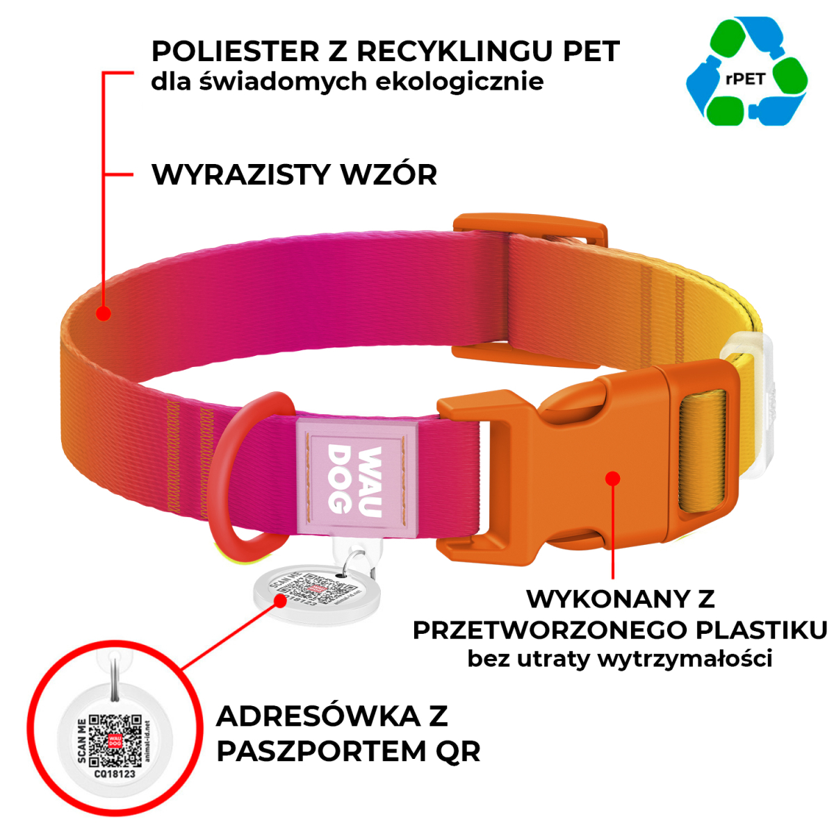 Obroża dla psa nylonowa WAUDOG Recycled Nylon z QR adresowka, rozmiar XS, 20-30 cm, 10 mm, gradient, plastikowy fastex, pomarańczowa Obroża dla psa nylonowa WAUDOG Recycled Nylon z QR adresowka, rozmiar XS, 20-30 cm, 10 mm, gradient, plastikowy fastex, pomarańczowa
