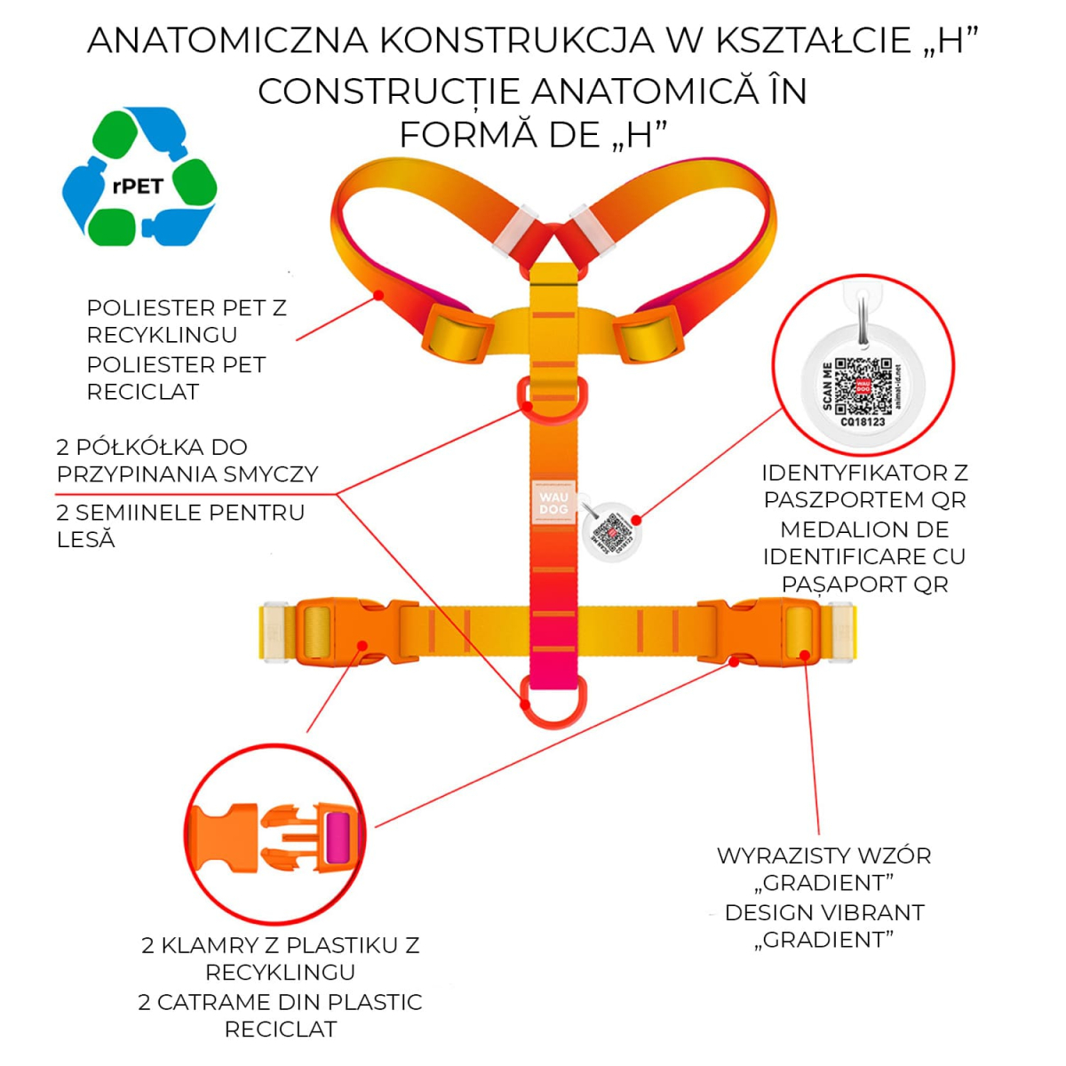 Szelki dla psa anatomiczne WAUDOG Nylon Recycled z QR adresowka, gradient, plastikowy fastex, rozmiar XS, pomarańczowa Szelki dla psa anatomiczne WAUDOG Nylon Recycled z QR adresowka, gradient, plastikowy fastex, rozmiar XS, pomarańczowa