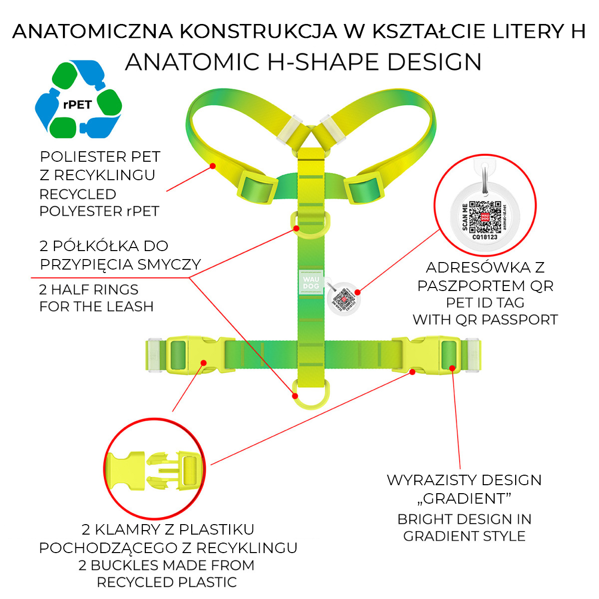 Szelki dla psa anatomiczne WAUDOG Nylon Recycled z QR adresowka, gradient, plastikowy fastex, rozmiar XS, jasnozielony Szelki dla psa anatomiczne WAUDOG Nylon Recycled z QR adresowka, gradient, plastikowy fastex, rozmiar XS, jasnozielony