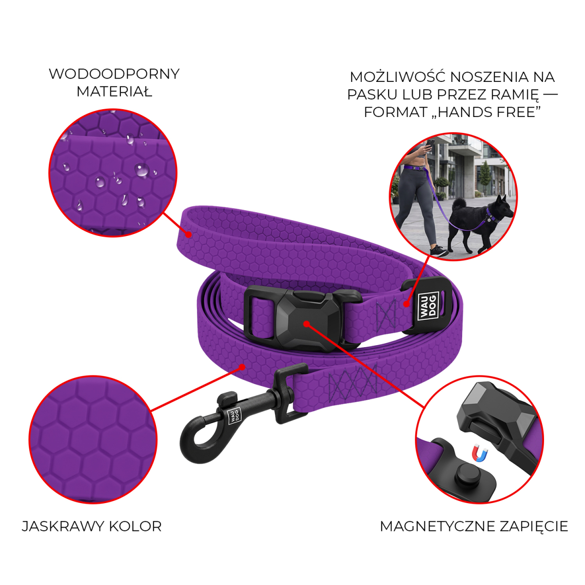 Smycz regulowana WAUDOG Magnet wodoodporna dla psów, magnetyczna klamra fastex, fioletowy Smycz regulowana WAUDOG Magnet wodoodporna dla psów, magnetyczna klamra fastex, fioletowy