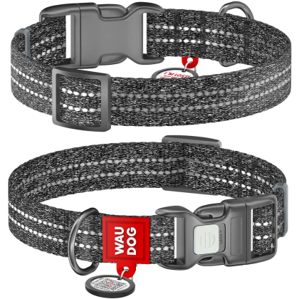 Obroża dla psa WAUDOG Re-cotton z paszportem QR, wykonane z bawełny pochodzącej z recyklingu, plastikowa klamra, szara