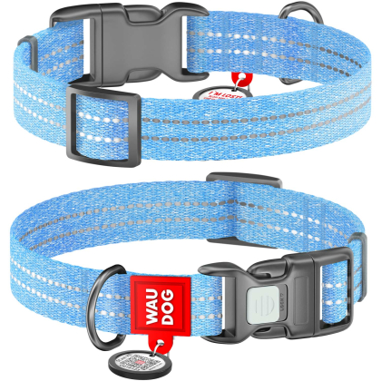 Obroża dla psa WAUDOG Re-cotton z paszportem QR, wykonane z bawełny pochodzącej z recyklingu, plastikowa klamra, niebieska