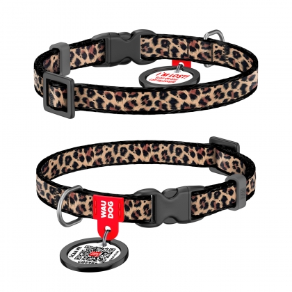 Obroża nylonowa dla kotów i małych psów WAUDOG Nylon z paszportem QR, rysunek Leopard, plastikowy fastex, XS, 20-30 cm, 10 mm