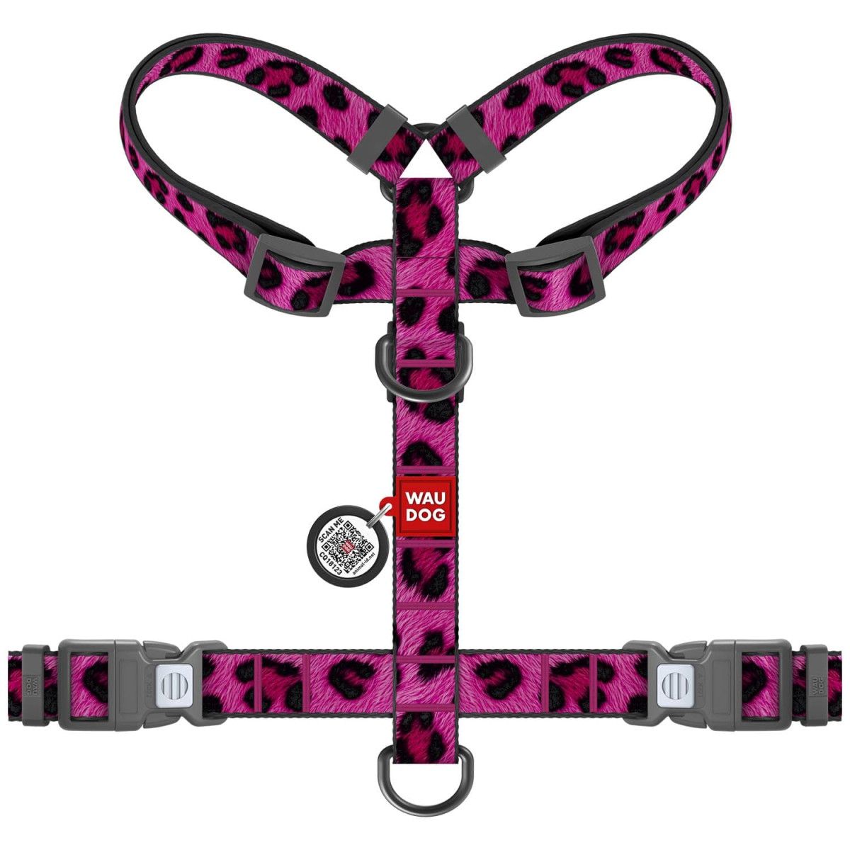 Szelki dla psa anatomiczne WAUDOG Nylon z adresówką QR, wzór "Lampart różowy" Szelki dla psa anatomiczne WAUDOG Nylon z adresówką QR, wzór "Lampart różowy"