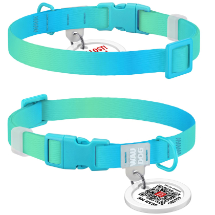 Obroża dla psa nylonowa WAUDOG Recycled Nylon z QR adresowka, rozmiar XS, 20-30 cm, 10 mm, gradient, plastikowy fastex, niebieski