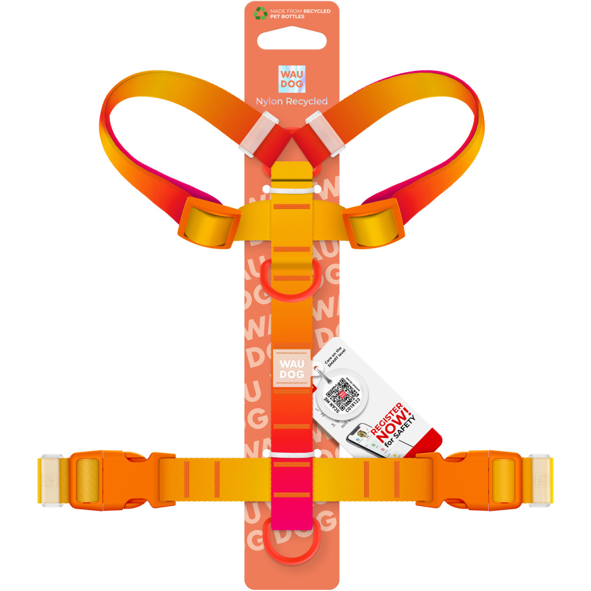 Szelki dla psa anatomiczne WAUDOG Nylon Recycled z QR adresowka, gradient, plastikowy fastex, rozmiar XS, pomarańczowa Szelki dla psa anatomiczne WAUDOG Nylon Recycled z QR adresowka, gradient, plastikowy fastex, rozmiar XS, pomarańczowa