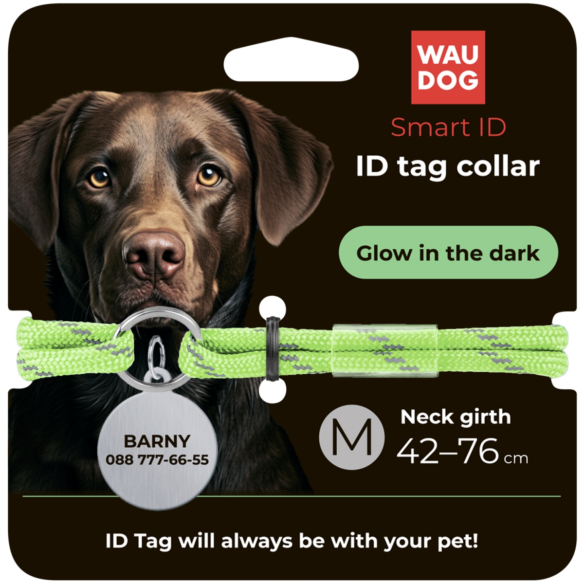 Sznurek dla adresówki z paracordu WAUDOG Smart ID, świecący, odblaskowy, jasnozielony